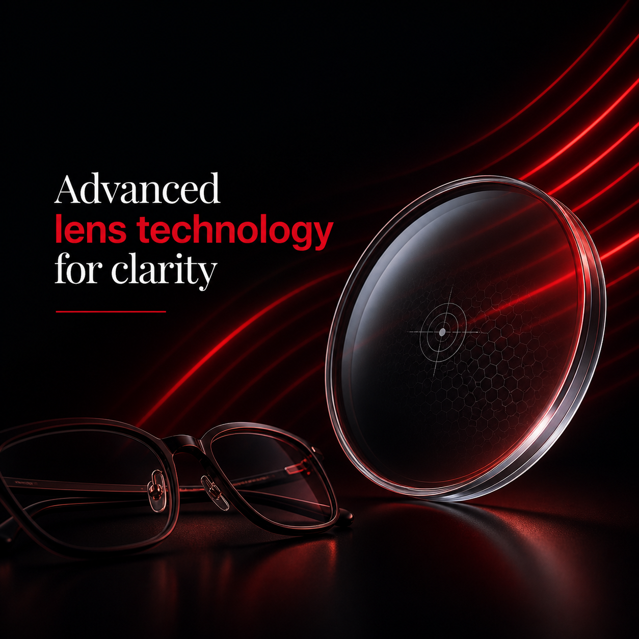Advanced lens technology with eyeglasses and red light trails