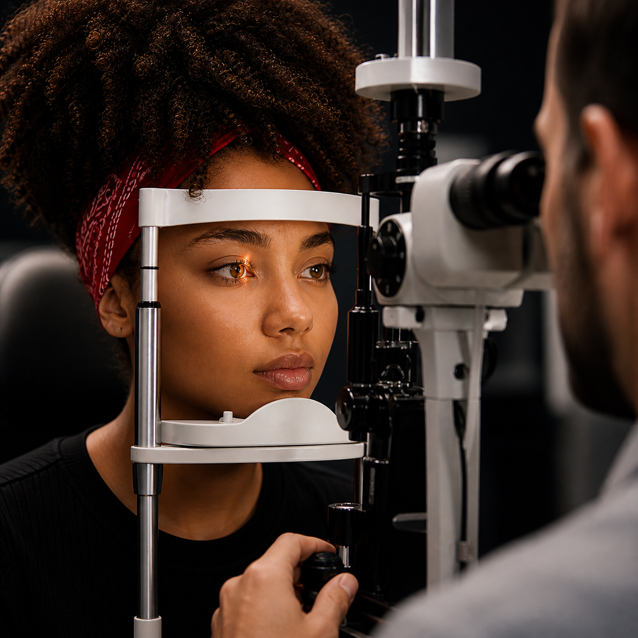 Patient receiving a slit lamp eye exam at Max Vision Opticals
