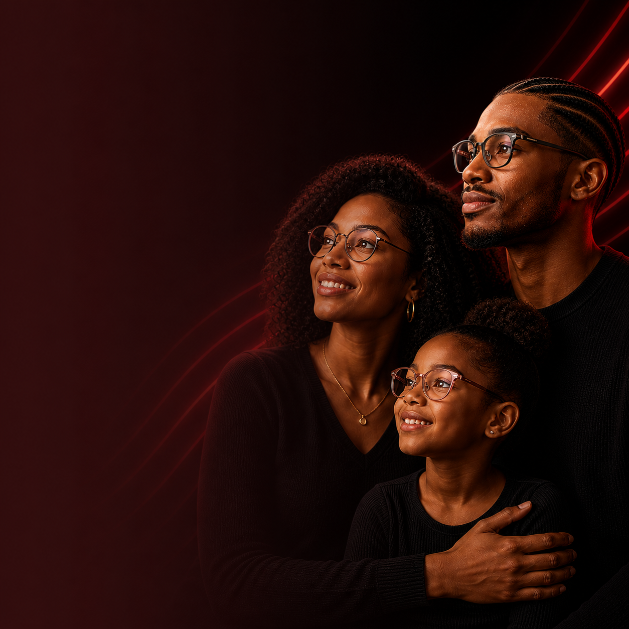 Family wearing eyeglasses looking upward
