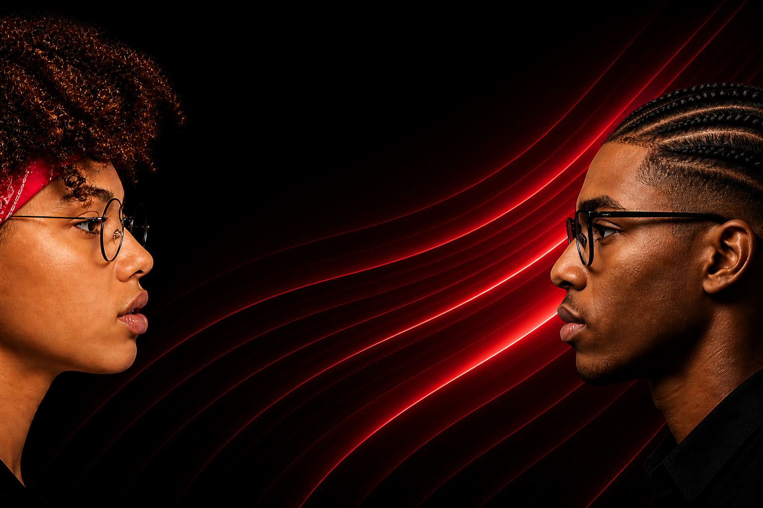 Two people wearing eyeglasses facing each other across red light trails