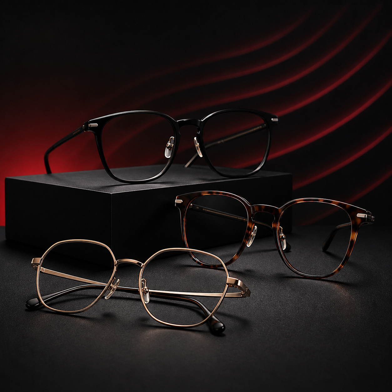 Collection of optical frames on a dark red display