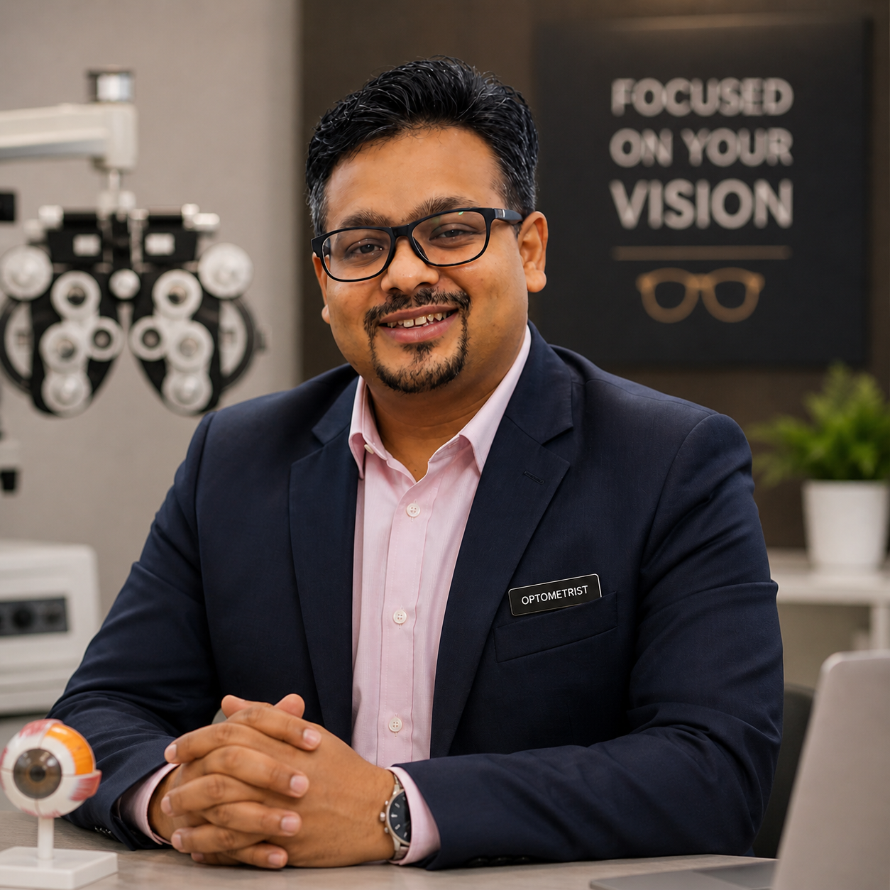 Max Vision Opticals optometrist seated in the clinic